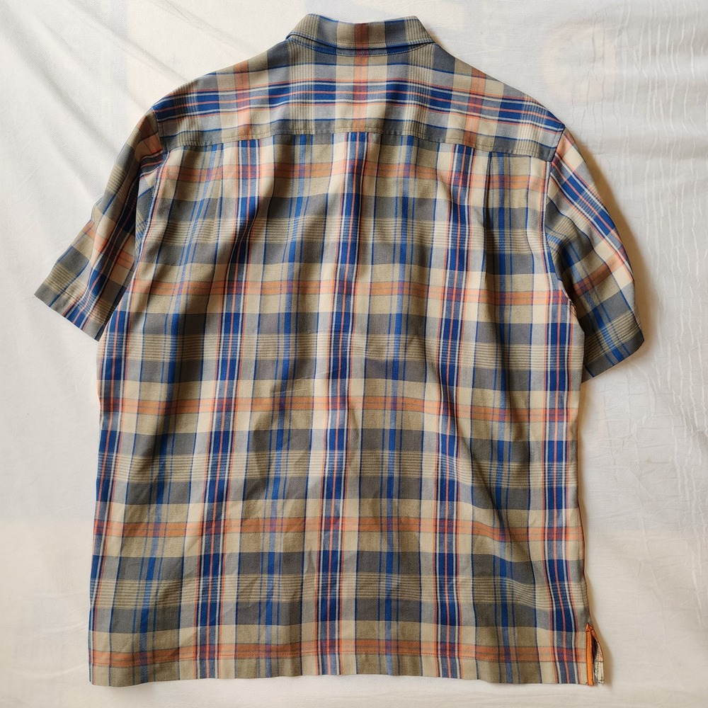 Tommy Bahama Mens 100% Silk Plaid Short Sleeve Button Down Shirt Blue Tan Orange - Picture 6 of 8